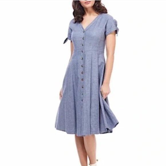 GAL MEETS GLAM COLLECTION Lenna Button Front Linen Blend Fit & Flare Dress 12 - Picture 7 of 7